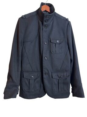 H&M Military Style Field Jacket Black Size 40R Wool Cotton Poly Front Pockets